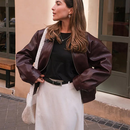 Jacket Women Vintage Wine Red Leather Lapel Outerwear - Jacket - Hageofly - Mad Fly Essentials