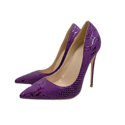 High Heels Women Purple Floral Embossed Crocodile Effect Heels - High Heels - Tikicup - Mad Fly Essentials