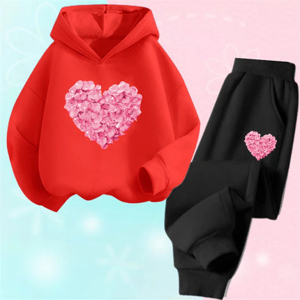 Girls Modern Black Pink Heart 2pc Hoodie Clothing Set