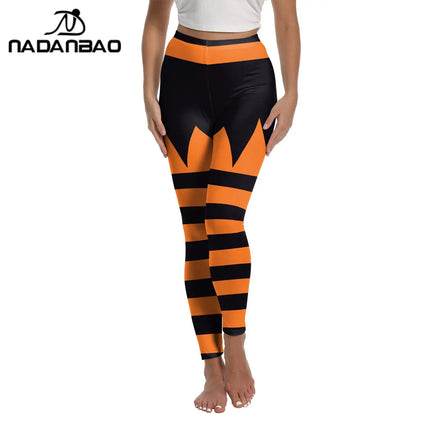 Black and orange striped leggings worn by a person on a white background with NADANBAO branding.

