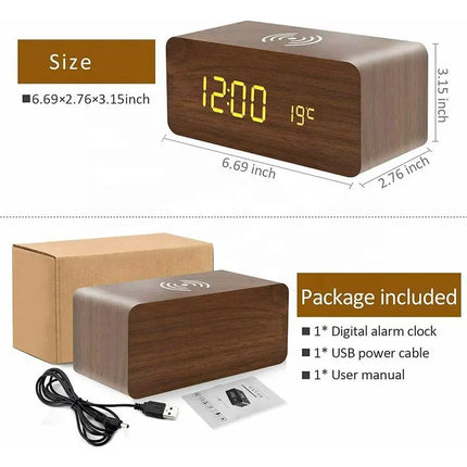 Wooden Digital LED Alarm Clock with Wireless Charging