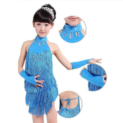 Baby Girl 4-11yo Solid Tassel Latin Salsa Party Dance Performance Dress - Kids Shop Mad Fly Essentials