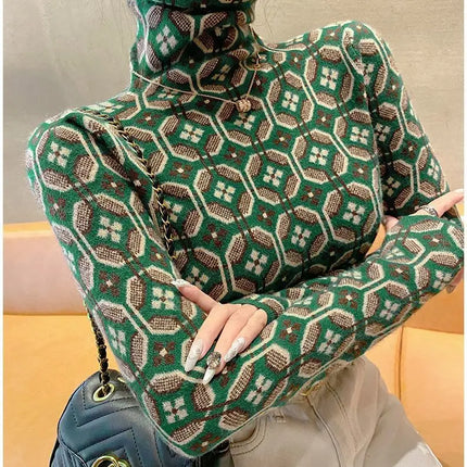 Women Green Turtleneck Slim Pullover Sweater