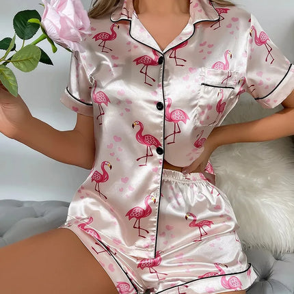 Women Satin Silk Pajama Flamingo Sleepwear Sets - Women's Shop Mad Fly Essentials