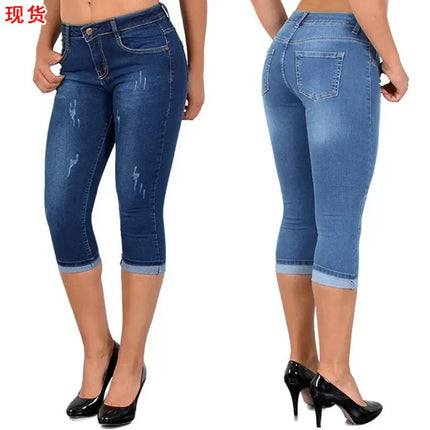 Jeans Women Solid High Waist Slim Fit Capri Pants - Jeans - HFSHY - Mad Fly Essentials