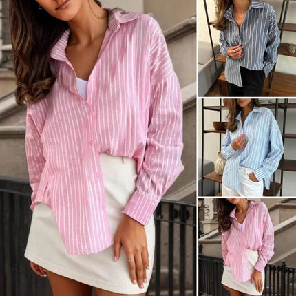 Women Striped Plaid Long Turn Down Collar Shirt - Mad Fly Essentials