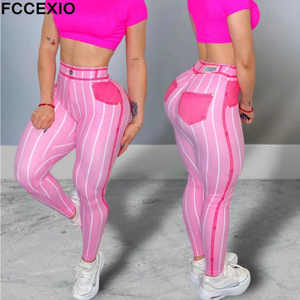 Women Fashion Pink Denim Striped Fitness Leggings