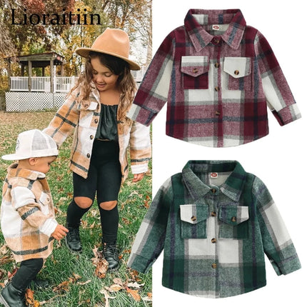 Baby Girl Lapel-Long Plaid Shirt Jacket - Kids Shop Mad Fly Essentials