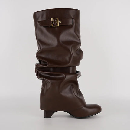 Boots Women Brown Leather Buckle Low Heel Footwear - Boots - Onlymaker - Mad Fly Essentials