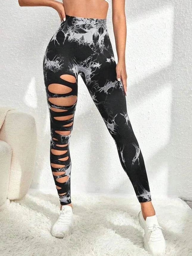 Women Tie Dye Hollow Out Fitness Leggings - Mad Fly Essentials