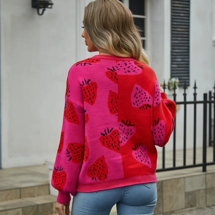 Women Strawberry V Long Vintage Sweater