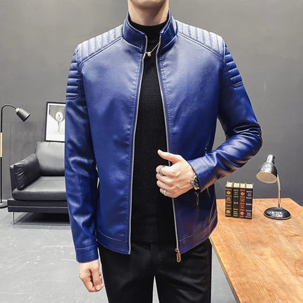 Men Fashion Leather Solid Color Stand Collar Jacket
