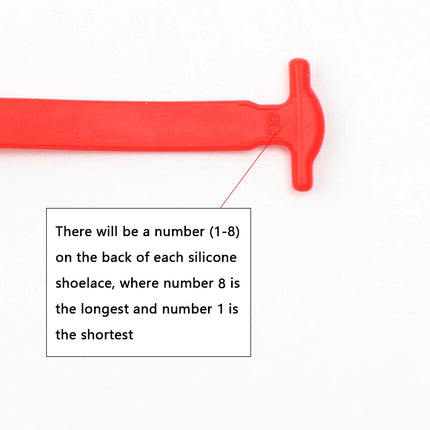 Red silicone shoelace with text explaining numbering system on a white background

