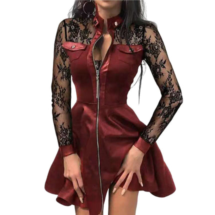 Women Long Zipper-Leather Lace-Mini Party Dress