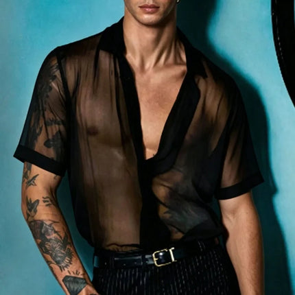 Mens Clubwear Cuban Collar Transparent Party Tops - Mens Clubwear - Cailaoban - Mad Fly Essentials