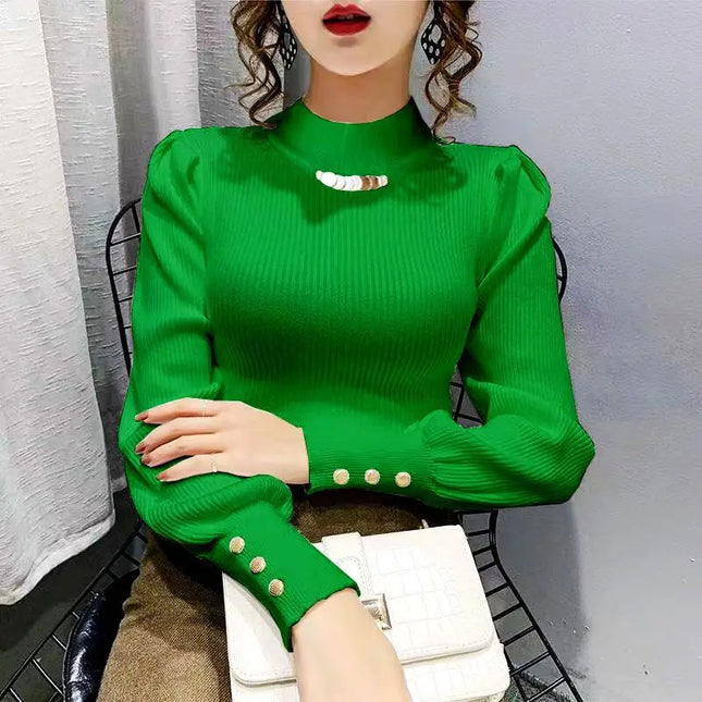 Women Long Solid Color Puff Sleeve Sweater