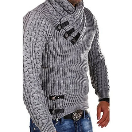 Men European Long Leather Buckle Sweater