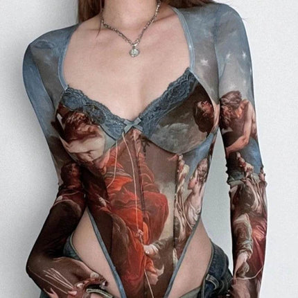 Women Vintage Print Long Square Romper - Mad Fly Essentials