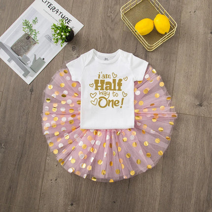 Baby Girl 6Month Pink Gold Tutu Skirt Outfit Set