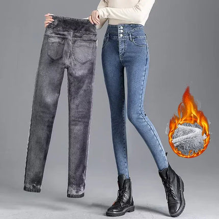 Jeans Women Skinny High Waist Velvet Fleece Pants - Jeans - Bleasendy - Mad Fly Essentials