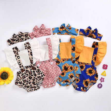 Baby Girl Summer Leopard Floral Romper Headband Set