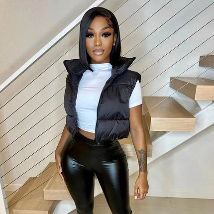 Women Short Crop Sleeveless Winter Vest Jacket - Mad Fly Essentials