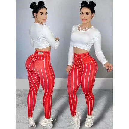 Fitness Leggings Women Pink Denim Striped Leggings - Fitness Leggings - Bliluen - Mad Fly Essentials