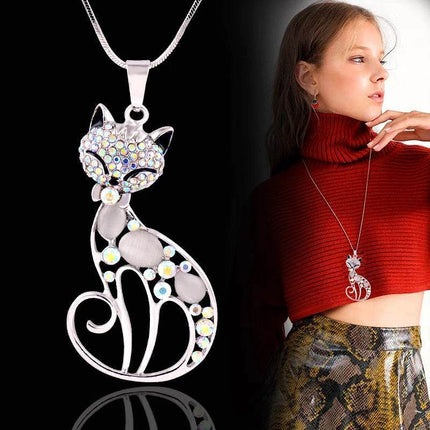 Women Opal Rhinestone Cat Pendant Necklace - Mad Fly Essentials