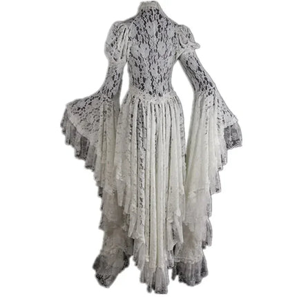 Women White Vintage Solid Lace Flare Medieval Costume Dress
