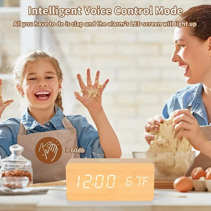 Voice Control Wooden Digital Alarm Clock