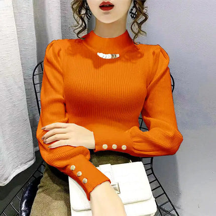 Women Long Solid Color Puff Sleeve Sweater