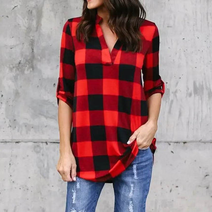 Women Fashion Plaid V-neck Sweatshirt - Mad Fly Essentials