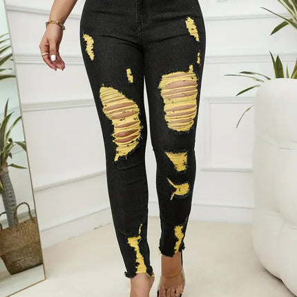 Women Bottoms Ripped High Stretch Denim Pencil Jeans - Women Bottoms - Genuo - Mad Fly Essentials