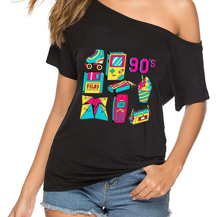 Shirt Women Off-Shoulder 90s Retro Graphic Tee - Shirt - Mnealways18 - Mad Fly Essentials