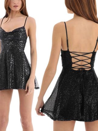 A-Line Dress Women 90s Lace Sequin Mini Party Dress - A-Line Dress - AllNeon - Mad Fly Essentials