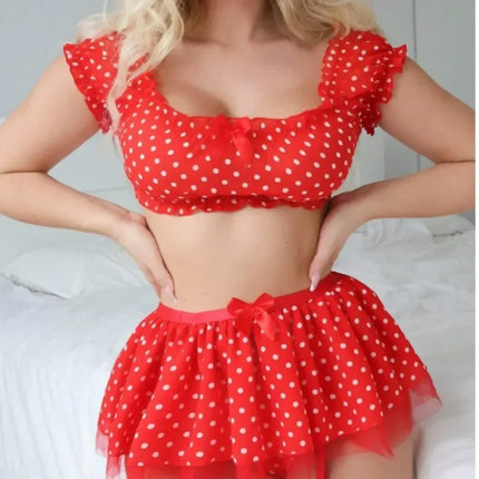 Lingerie Set Women Polka Dot Off Shoulder Mini Skirt - Lingerie Set - Ellolace - Mad Fly Essentials