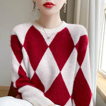 Women Crewneck Long French Plaid Sweater - Mad Fly Essentials