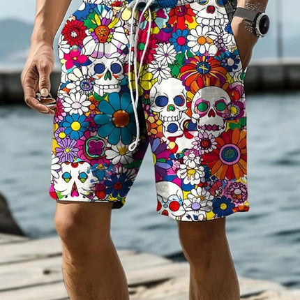 Men Drawstring 2024 Floral Skull Boardshorts