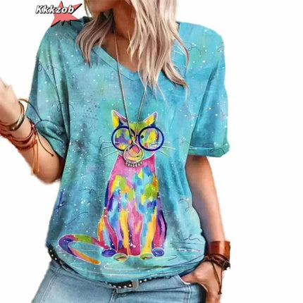 Women Fashion Abstract 3D Cat Animal Tees - Mad Fly Essentials