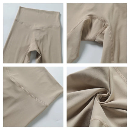 Collage of beige leggings showing texture, fit, and details on a light gray background

