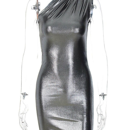 Women Leather One-Shoulder Sleeveless Draped Mini Party Dress