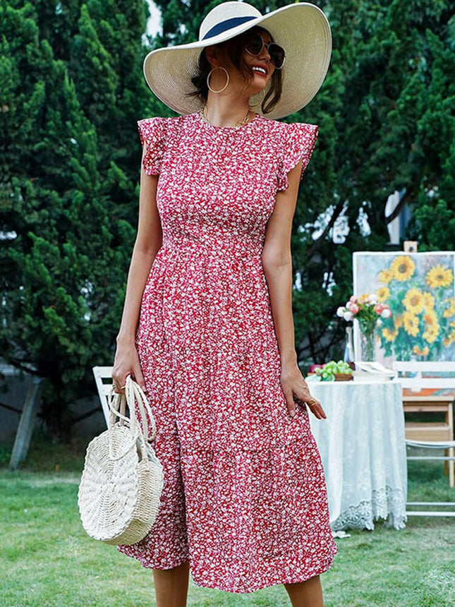 Women's Retro-Sleeveless High-Waist Floral A-Line Midi Dress
