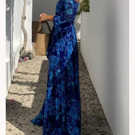 Women Slash Neck Blue Elegant Maxi Dress
