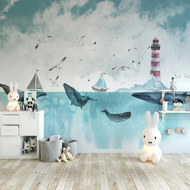 Custom 3D Nordic Lighthouse Beach Mural Wallpaper