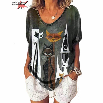 Women Fashion Abstract 3D Cat Animal Tees - Mad Fly Essentials