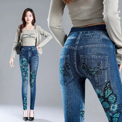 Leggings Women Plus Size High Waist Denim Look Pants - Leggings - Punk Rave - Mad Fly Essentials