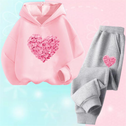 Girls Modern Black Pink Heart 2pc Hoodie Clothing Set