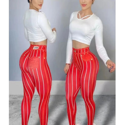 Fitness Leggings Women Pink Denim Striped Leggings - Fitness Leggings - Bliluen - Mad Fly Essentials