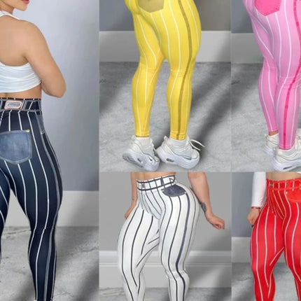 Fitness Leggings Women Pink Denim Striped Leggings - Fitness Leggings - Bliluen - Mad Fly Essentials