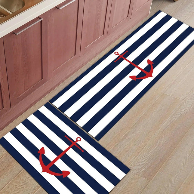Kitchen Dark Blue Anchor Striped Floor Mat